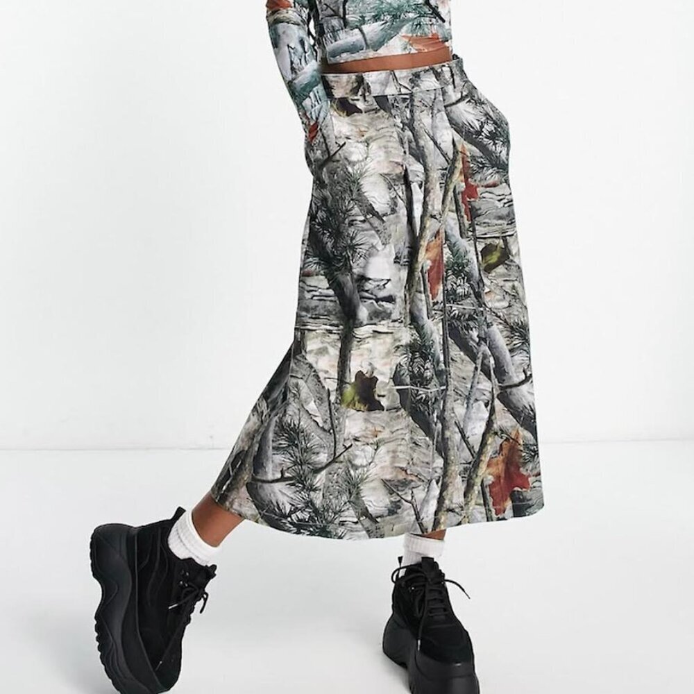 Basic Pleasure Mode Hunter Camo Denim Midi Skirt Front & Back Pockets